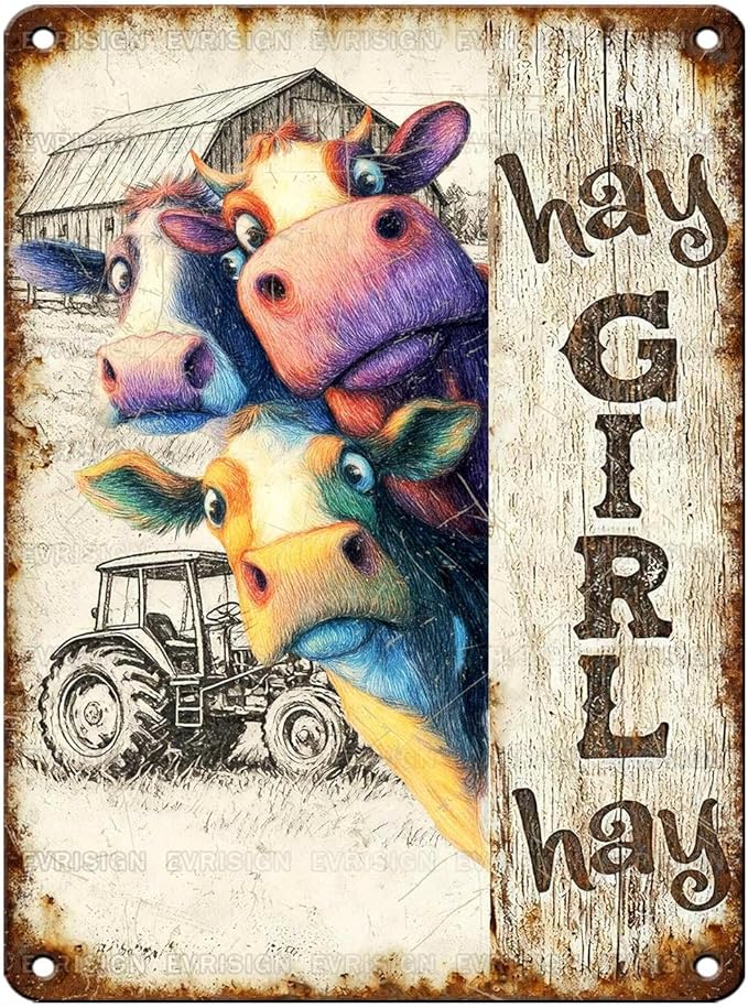 Vintage Cow Tin Sign Hay Girl Hay Retro Metal Poster Rustic Nostalgic Metal Sign Wall Decor For Home Farmhouse Farm Room Cafe Bedroom Office Living Room Man cave 16 * 12In