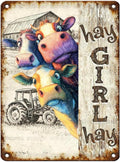 Vintage Cow Tin Sign Hay Girl Hay Retro Metal Poster Rustic Nostalgic Metal Sign Wall Decor For Home Farmhouse Farm Room Cafe Bedroom Office Living Room Man cave 16 * 12In