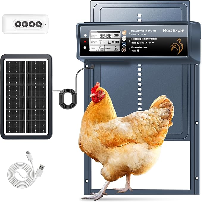 Automatic Chicken Coop Door Solar Powered, LCD Display, Timer & Light Sensor, 20-m Remote Control,Electirc Door,4 Modes, USB Rechargeable Battery, Light Blue