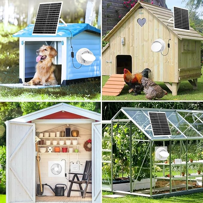 Solar Fan with Battery,9.8" Solar Exhaust Fan,12000mAh 22W Fan with 14.7Ft On/Off Cable,Greenhouse Air Cooling Circulation for Shed, Chicken Coop and More