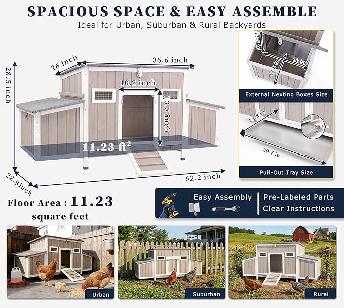 Outdoor Chicken Coop Wooden Hen House Hens Coop for Backyard Poultry Tractor for 2-4 Chickens with Weatherproof Asphalt Roof, 4 Nesting Box, 2 Roosting Bar, Pull-Out Tray (Coop84 NoRun)