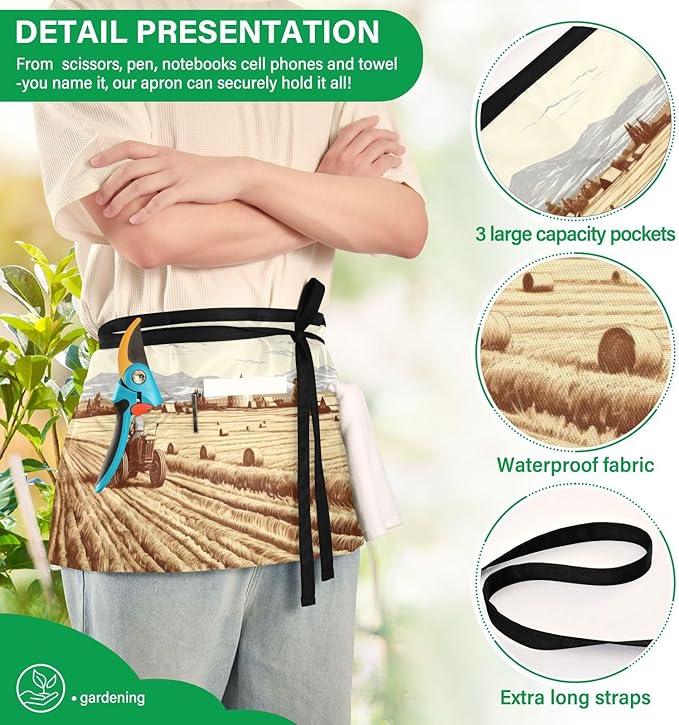Server Apron with 3 Pockets, Farmer with Bales 12 Inch Waist Apron for Waiters Gardeners, Waterproof Half Apron Waitress Apron