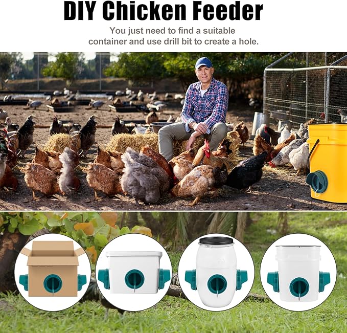 Chicken Feeder No Waste, 10 Ports Automatic Poultry Feeder with Covers & Hole Saw, Rain Proof Chicken Feeder Port for Buckets, Bins & Barrels