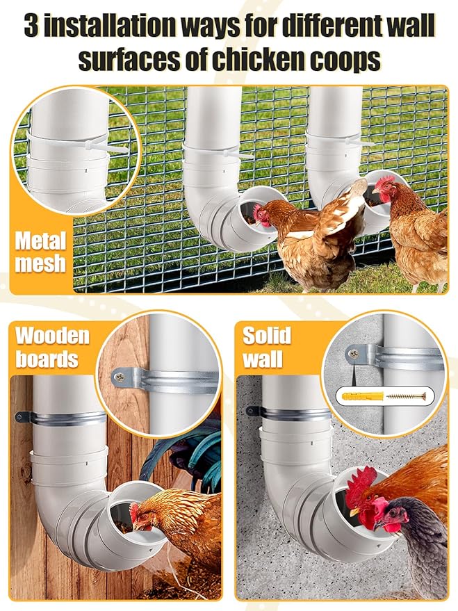 Automatic Chicken Feeder No Waste - 6.6 Pounds Large Capacity Heavy Duty PVC Pipe Hanging Chicken Feeder, Poultry Gravity Feed Port for Chicken Long Feeding