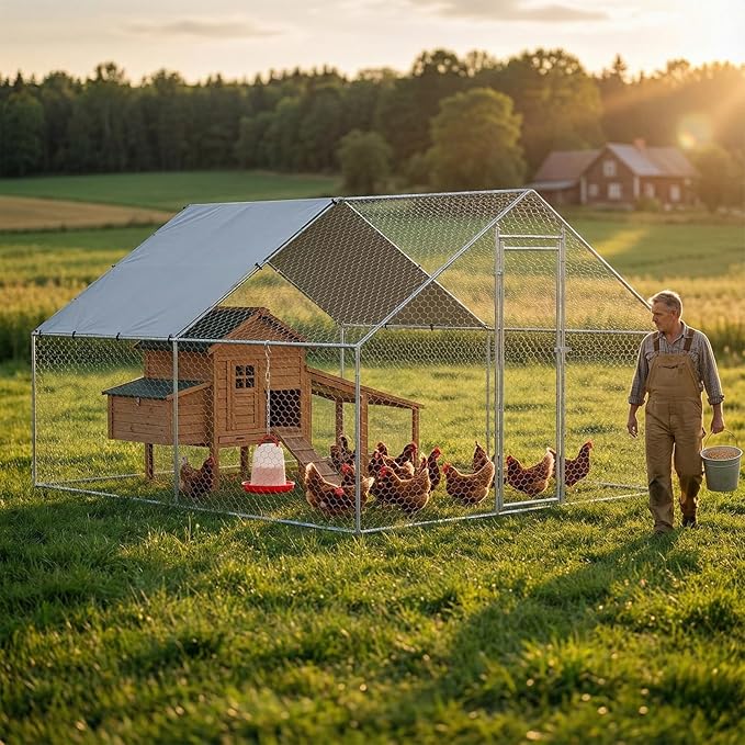 Large Chicken Coop Metal Walk-in Run 9.8' x 13' x 6.5', Heavy Duty Galvanized Steel Cage with Waterproof Cover, Secure Lock, Outdoor Pen Enclosure for Hens, Ducks, Rabbits