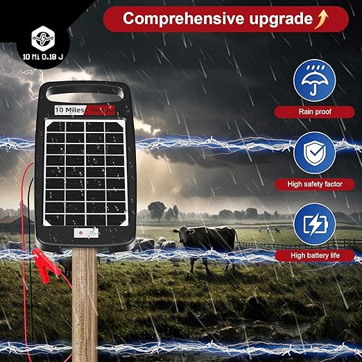 10 Miles Solar Electric Fence Charger,Output 0.18J Electric Fence Charger,24-Hour Uninterrupted Protection Solar Fence Charger,Solar Fence Energizerr That can Work for 14 Days Without Sunlight