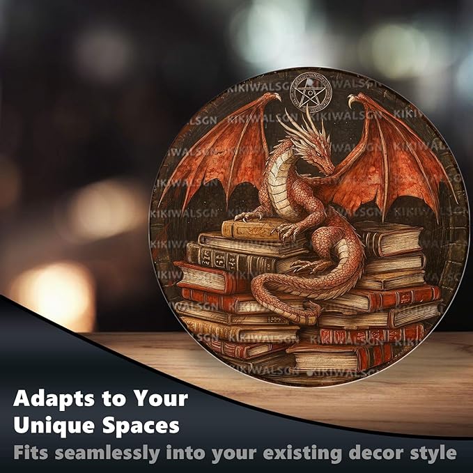KIKIWALSGN Dragon Decor Vintage Round Metal Sign Retro Books Tin Sign Wall Decor Bedroom Living Room Cafe Library Bookshelf Office 12 * 12 In
