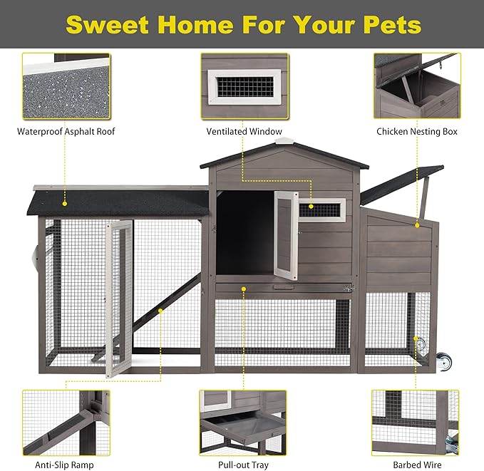 71" Chicken Coop Large Wooden Chicken Tractor - with Wheels Waterproof Outdoor Hen House Poultry Cage Back Yard Chicken Coops with Run, Laying Boxes and Secure Enclosure