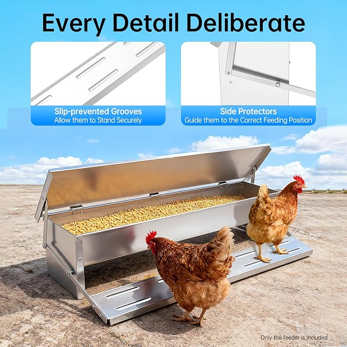 Large Chicken Feeder, Automatic Treadle Chicken Feeder No Waste, Rat Proof Metal Poultry Feeders, Self-Opening Galvanized Steel Feeder Port for Chickens Ducks Geese