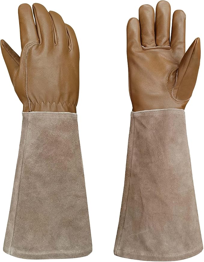 Leather Gardening Gloves – Goatskin Palm & Cowhide Cuff, Thorn-Resistant Long Garden Work Gloves