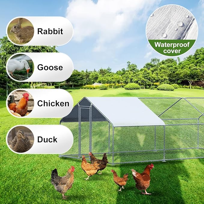 Chicken Coop Large Metal Chicken House Pen Outdoor for 40 Chickens Poultry Cage with Waterproof Cover for Rabbits Duck Walk-in Chicken Runs for Yard with Cover Outdoor