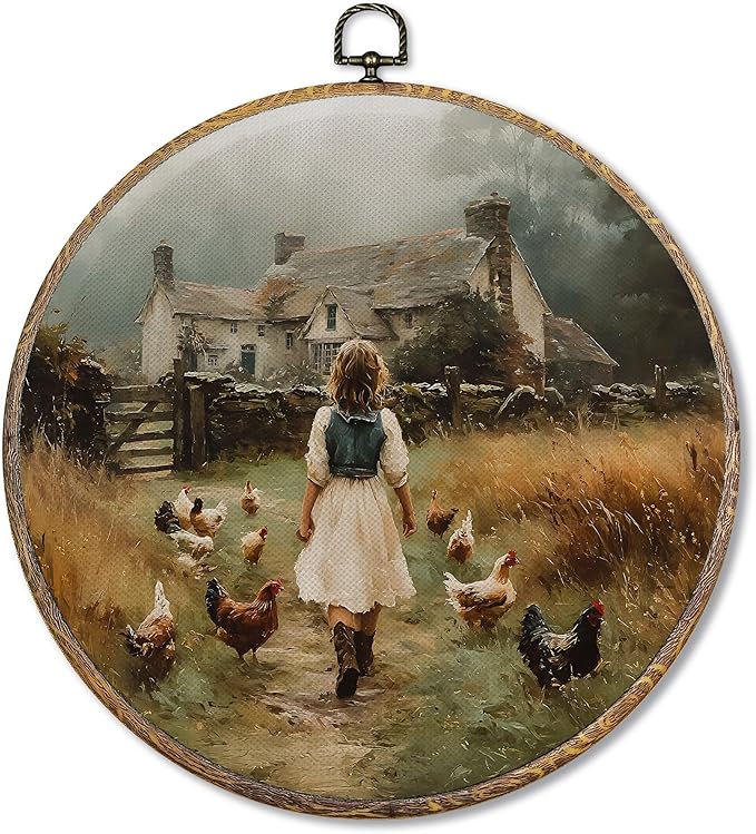 Pugwak Vintage Rustic Farmhouse Round Wall Art Decor, Farmhouse Farm Little Girl Chicken Canvas Art Framed, Cottagecore Country Artwork Wall Hanging Decor for Home Bedroom Living Room, 10x10in