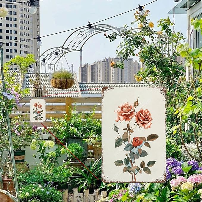 Flowers Metal Signs Rose Sign Vintage Tin Sign Retro Wall Art Decor for Living Room Bedroom Garden Yard Shop Bar 8×12 Inches