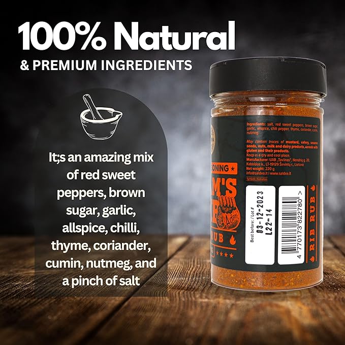 Adam's Ribs BBQ Rib Rub - 100% Natural and Unique Seasoning - Perfect Blend Of Spices For Juicy BBQ And Grill Ribs - Large Jar (220g)