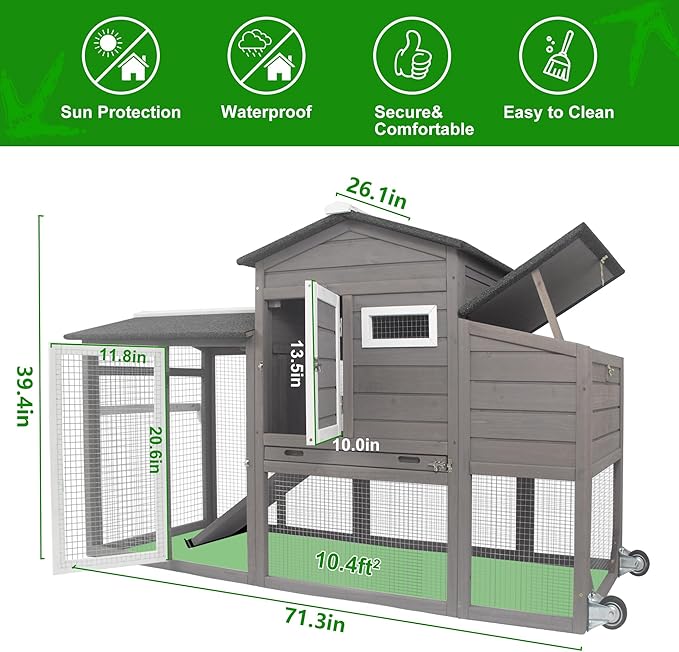 Chicken Coop Outdoor for 2-3 Chickens Hous- Poultry Cage Back Yard Mobile Hen House with Run & Nesting Box