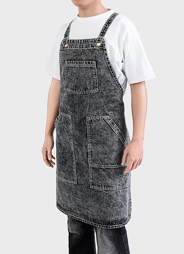 Cotton Denim Apron Soft - Unisex Adjustable Bib Apron with 5-Pockets Perfect for Kitchens