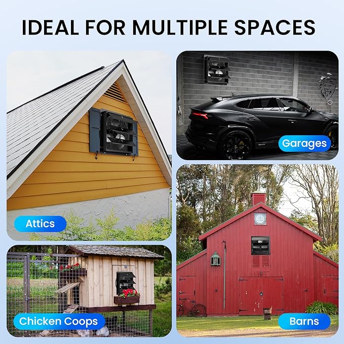 12" Wall Mounted Shutter Exhaust Fan, Attic Fan with Thermostat Humidity Controller, 10-Speed Adjustable, 940 CFM, Automatic Shutter, Vent Fan for Greenhouses, Garages, Shop, Chicken Coops
