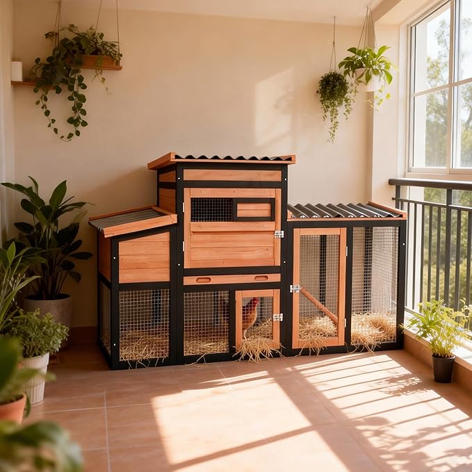 Wooden Chicken Coop with Outdoor Run, 4-Season Weatherproof Poultry Cage for Hens Ducks Rabbits, Large Walk-in Pet House with Nesting Box, Removable Tray & Secure Latch for Backyard Farm