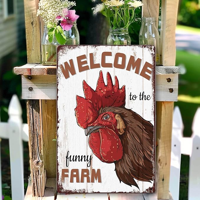Chicken Signs Welcome to The Funny Farm Sign Chicken Coop Signs Outdoor Decor Metal Chicken Yard Sign Gifts 8x12 Inch