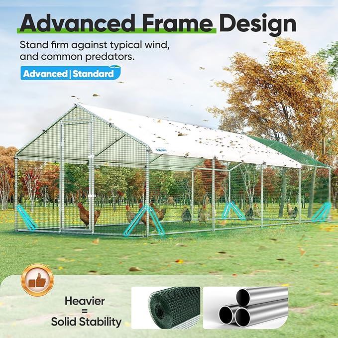 Quictent Advanced Series 24x9 ft Metal Chicken Coop Run with Side Hardware Cloth, Large Walk-in Outdoor Poultry Cage Heavy Duty Predator Proof Hen Duck Rabbit Farm Pen House, Waterproof Anti-UV Cover