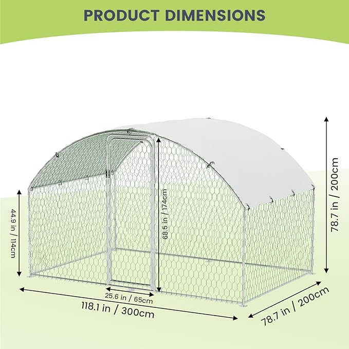 Large Metal Chicken Coop, Dome Roof Chicken Runs for Yard, Walk-in Poultry Cage with Waterproof and Anti-UV Cover, Chicken Pens for Outside Backyard Farm, 6.5 x 9.8 x 6.5 FT
