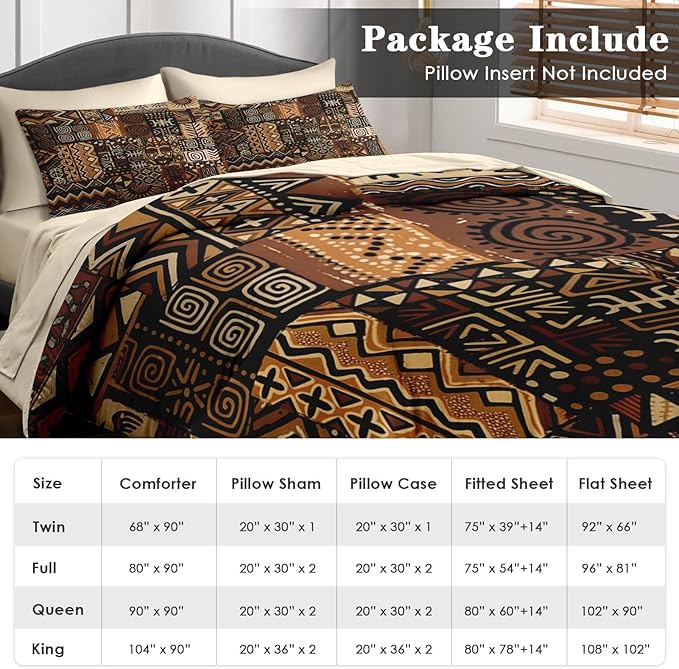 Comforter Set Twin Size, African Retro Floral 5 Pcs Bedding for Kids and Adults, Tribal Patchwork Abstract Bed Sheet Sets with Fitted Sheet Pillowcase & Sham for Bedroom Bed Decor