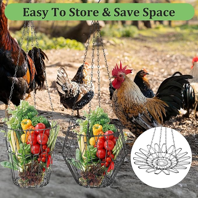2 Pcs Hanging Chicken Feeder, Foldable Chicken Vegetable Fruits Feeder, Poultry Feeding Holder Basket with Hanging Chain, Veggie Treat Ball for Chicken Coop Accessories