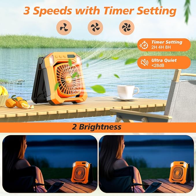 Camping Fan Battery Powered & Solar Powered, Portable Solar Fan 10000mAh Rechargeable Outdoor Fans with Light, Quiet Cordless Fans for Tent, RV, Emergency, Hiking, Power Outage, Desk, Survival Kit