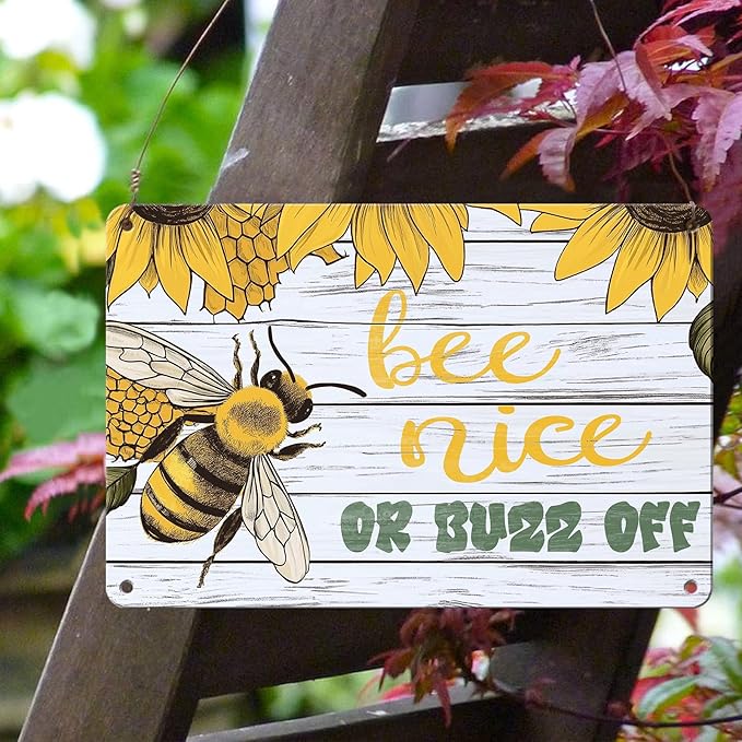 Bee Nice or Buzz Off Decor Sign Vintage Metal Tin Sign Country Farmhouse Decor Home Decor Rustic Farmhouse Decorations for The Home 12x16inch