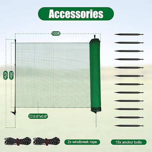 Temporary Fence with Step-in Stakes - 3ft x 100ft Plastic Mesh Fencing Safety Barrier for Dogs, Chickens - Portable Temporary Fencing with Posts for Backyard, Garden, Outdoor Animal Protection
