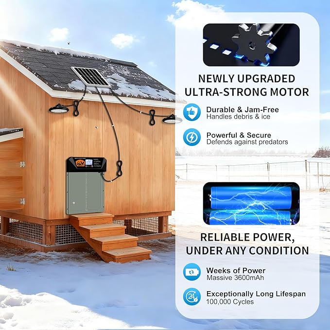 Extra Large Automatic Chicken Coop Door Solar Powered with 2 Timer Lights, 16'' x 12'' Aluminum Auto Chicken Coop Door with Timer, Remote, Anti-Pinch, Weatherproof for Chickens, Ducks
