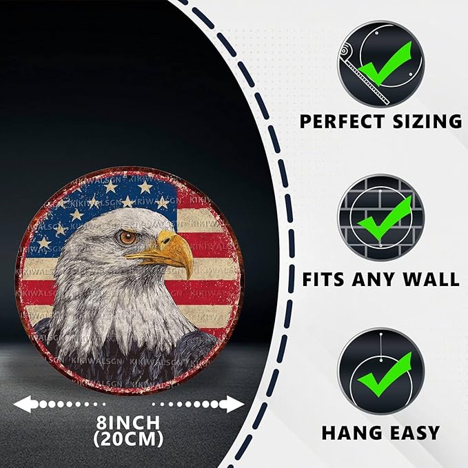 Vintage Bald Eagle Round Metal Sign Retro American flag Tin Sign Nostalgic Patriotism Wall Decor Decorations for Home Bedroom Living Room Cafe Bar Kitchen Yard Fence Door Outside 8 * 8 In