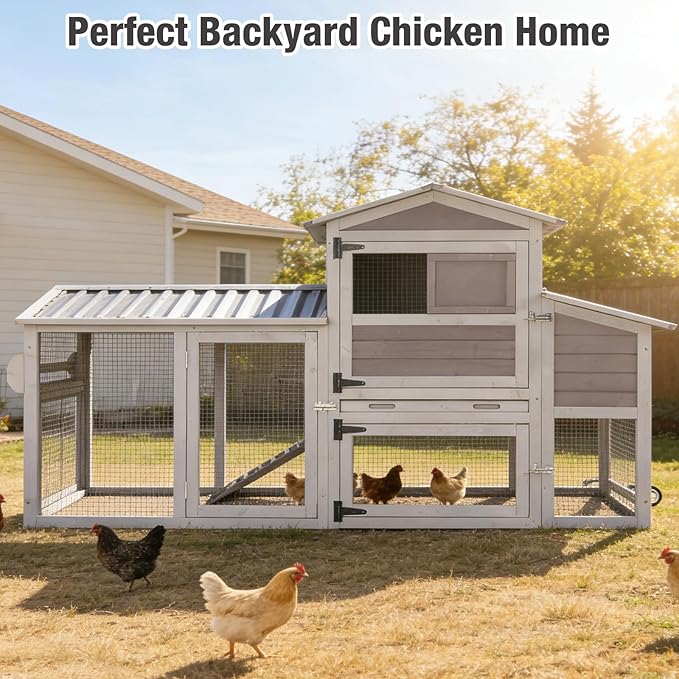 Chicken Coop with Wheels, 80" Mobile Wooden Hen House for 2-4 Chickens, Outdoor Poultry Cage with 2 Nesting Boxes, Waterproof PVC Cover & Pull-Out Tray, Weatherproof Rabbit Hutch for