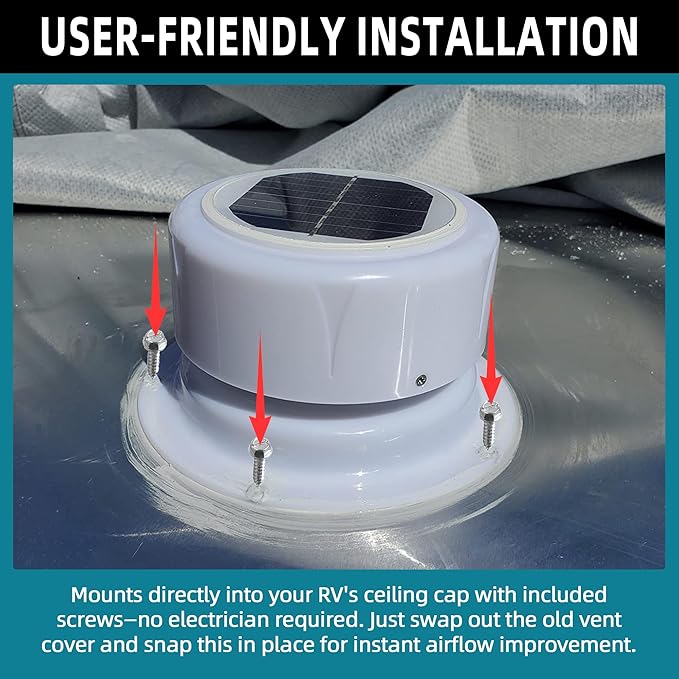 RV Solar Ventilation Fan with Mounting Screws, Solar-Powered Ceiling Fans for Camper, Trailer, RV Solar-Powered Ceiling Vent with Fan, Camper Solar Exhaust Fans for Trailer, Marine - White