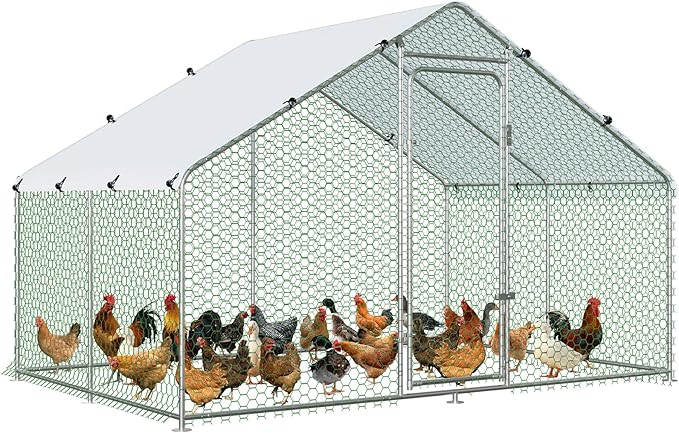 Large Metal Chicken Coop Walk-in Chicken Run with Waterproof Cover Outdoor Backyard Farm Anti-UV Spire Shaped Cage for Poultry, Ducks, and Rabbits(9.8' L x 6.5' W x 6.5' H)