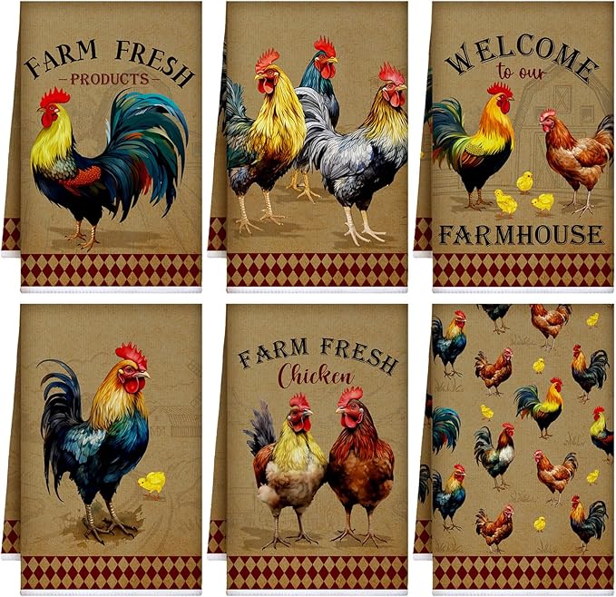 Bencailor 6 Pcs Farmhouse Kitchen Towels Chicken Rooster Kitchen Decor Farm Animal Hand Towels for Cooking Baking Housewarming Gift,15.75 x 23.62 inch(Brown,Retro Chicken Print)