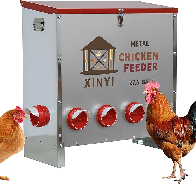XINYI Automatic Metal Chicken Feeder, 27.6 Gallon Large Capacity with 10 No Waste Ports, Gravity Feeder with Locking Lid & Riveted Handles, Rodent Proof and Weatherproof for Your Chicken Coop