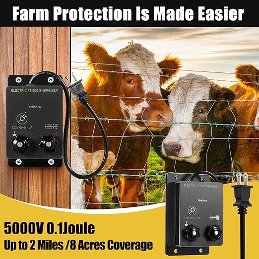 63 Pcs Electric Fence Kit Include 2-Mile Electric Fence 5000v 0.1joule 20 Insulator 1 Socket Tool 200m Polywire 40 T Post Insulators Socket for Predator Protection