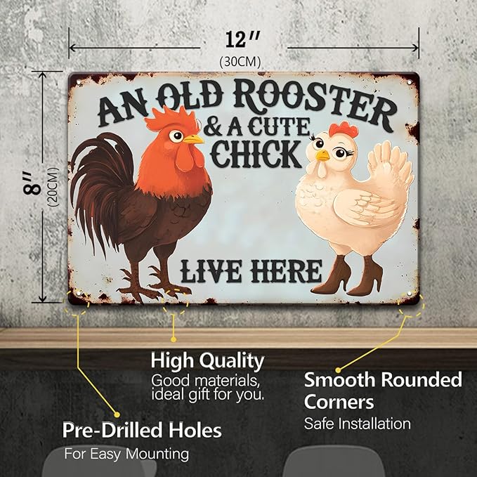 Funny Cute Vintage Chicken Coop Metal Tin Signs Plaque An Old Rooster & A Cute Chick Live Here Home Farmhouse Kitchen Wall Decor 12x8 Inch