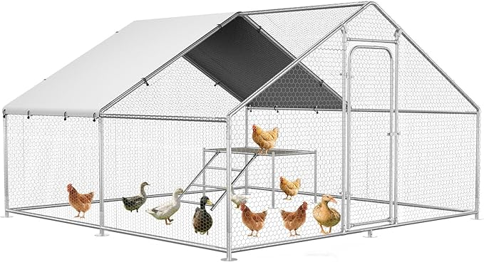 Large Metal Chicken Coop with Roosting Ladder, UV-Resistant and Waterproof Cover, Outdoor Walk-in Cage Hen House for Yard Farm Rabbit Duck Chicken Run, Spire Roof (13.1'W x 9.8'L x 6.4'H)