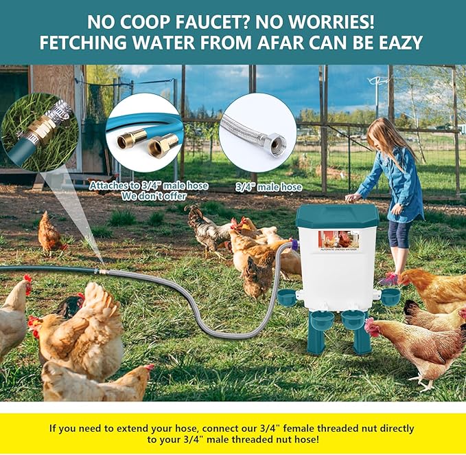 Lilyang Automatic Chicken Waterer 2 Gallon | Float-Control Auto Waterer, Hanging/Standing Design, Connect to 3/4'' Faucet & Hose, Effortless Hydration Solution for Backyard Coop & Small Farm