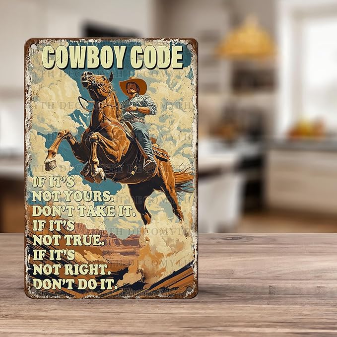 Retro Cowboy Riding Horse Cowboy Code Poster for Home Farm Outdoor Bathroom Restaurant Cafes Bars Club Kitchen Garage Cute Vintage Art Wall Decor 12 * 8inch