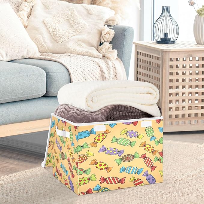 Colorful Candy Pattern Storage Bins with Lids Foldable Storage Basket with Handles Collapsible Large Fabric Organizer Containers for Clothes Shelves Closet Office Home