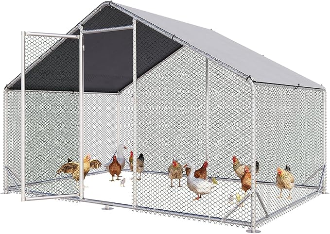 Aoxun Metal Chicken Coop, Outdoor Chicken Runs for Yard with Cover, Spire Roof Hen House Enclosure with Security Lock, Walk-in Cage Peak Hen House for Yard Farm (10x6.5x6.4 FT)