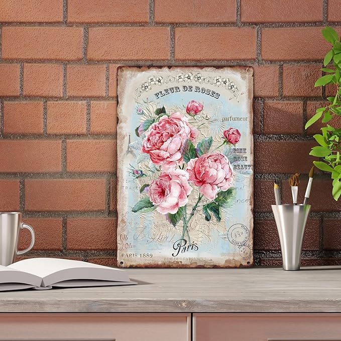 Sanwarm Metal Sign 8X12 Inch, Pink Floral Rose Vintage Tin Sign Wall Art Decor for Home, Living Room, Kitchen, Garden, Bedroom, Office, Hotel, Cafe And Pub Decoration