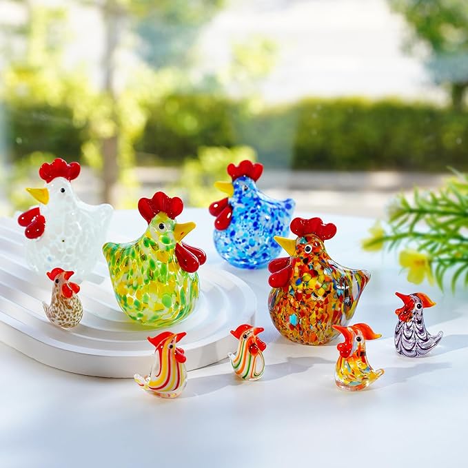 H&D HYALINE & DORA Set of 5 Blown Glass Rooster Figurines - Mini Collectible Art Glass Ornament Gift for Home Desktop Decor