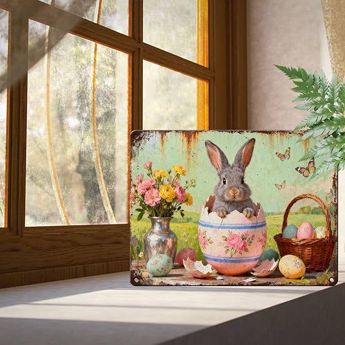 YoyaVex Vintage Easter Bunny Metal Sign Cute Rabbit Design Rustic Farmhouse Wall Art For Home Garden Outdoor Bar Cafe Decor Holiday Renovation 12X16Inch