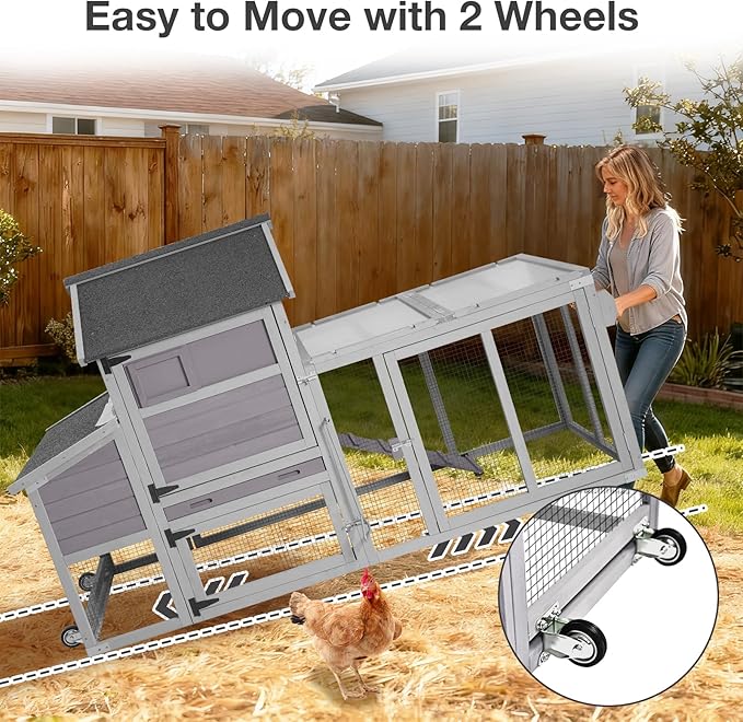 Mobile Chicken Coop for 2-4 Chickens – Weather-Resistant Wooden Hen House with Wheels, Nesting Box, Leakproof Tray & UV-Protected Roof