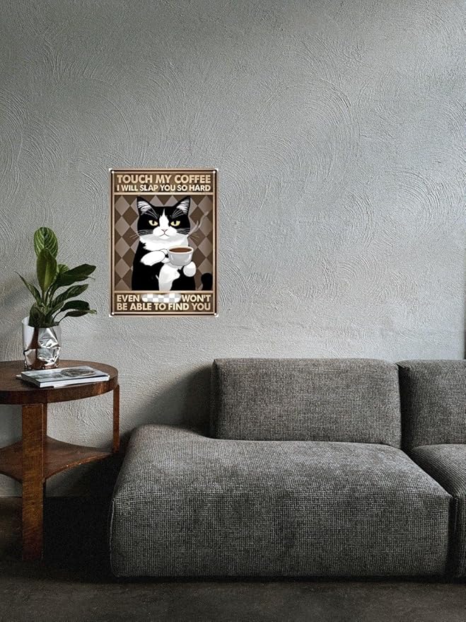 Vintage Coffee Bar Decor Sign – Black and White Cat Metal Wall Art with Humorous and Sarcastic Quote – Funny Tin Sign for Kitchen, Cafe – 8x12 Inch