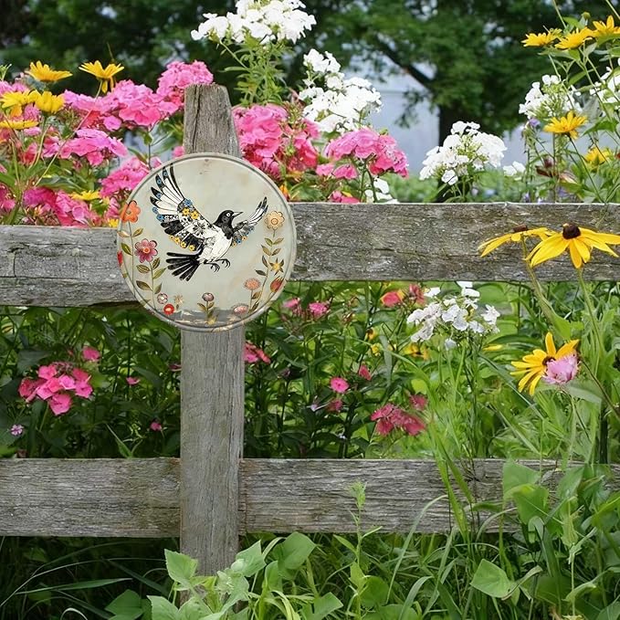 Bird Round Metal Tin Sign Wreath Farm Flowers Rustic Vintage Wall Art Decor for Garden Porch Yard Farmhouse Outdoor Decor 8x8inch